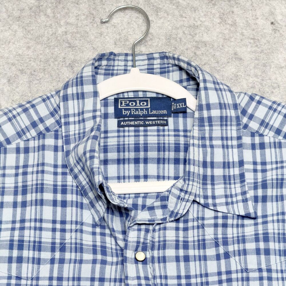 VTG Polo Ralph Lauren Authentic Western Shirt XXL Blue Plaid Pearl Snap Chambray